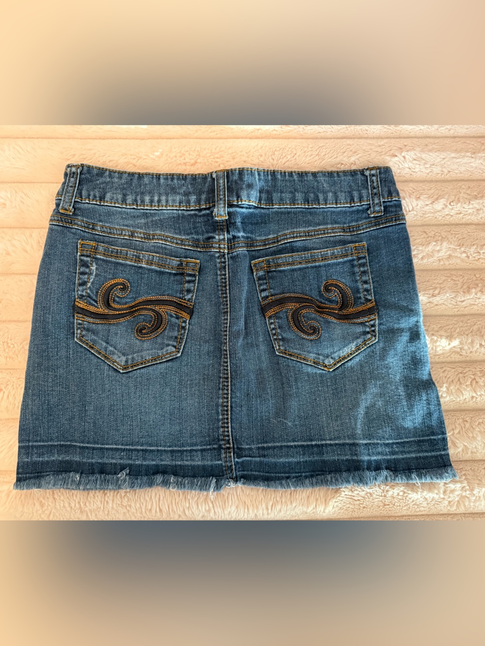 Vintage Candie's Y2K Denim Mini Skirt Raw Hem Embroidered Pockets